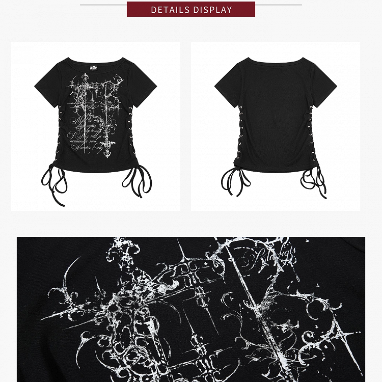 Black Tee with Side Drawstring and Dark Print - KNOW8 Online Shop - image 2