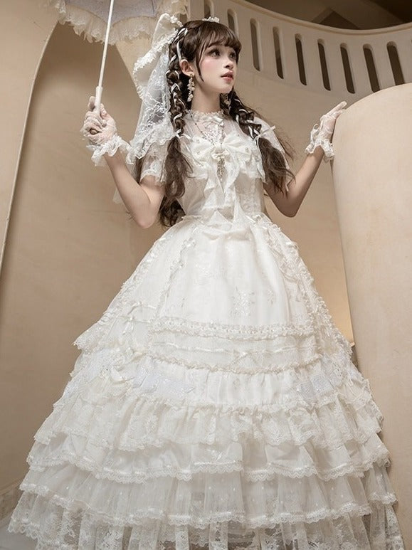 Ivory Floral Embroidered Lolita Gown with Lace Trim and Bow Train - Mademoiselle Pearl - image 9
