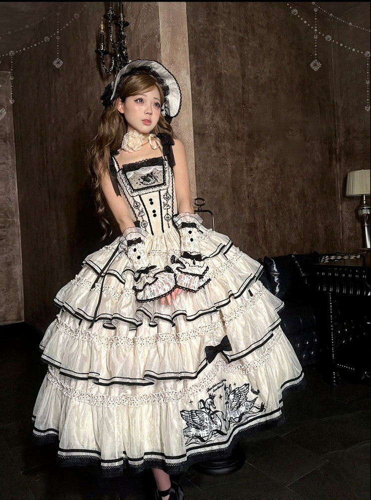Beige and Black Swan-Embroidered Ruffled Classic Lolita JSK - image 12