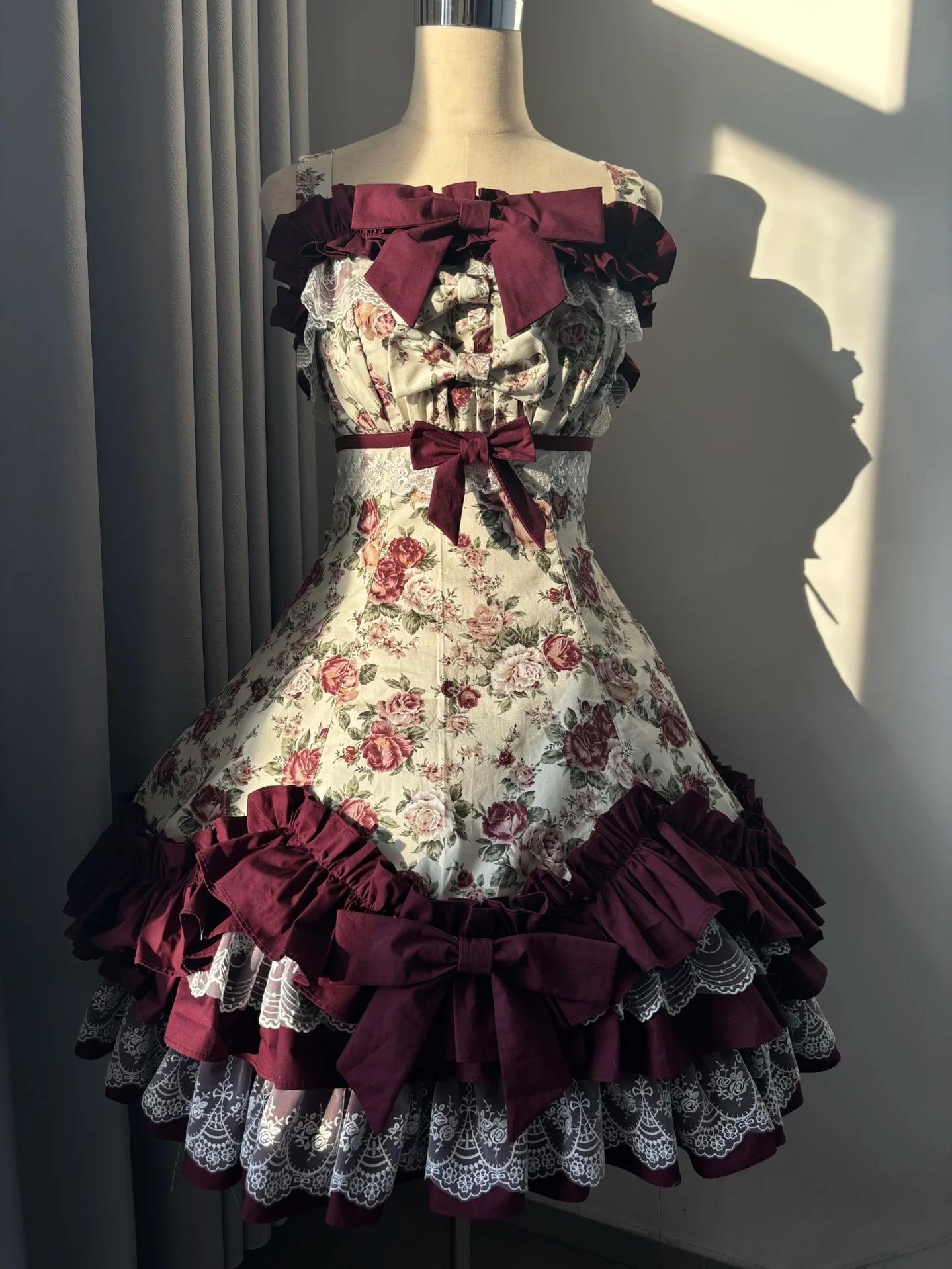 Burgundy Rose - Floral Printed Old School Lolita JSK, Elegant Cape and Accessories - image 20