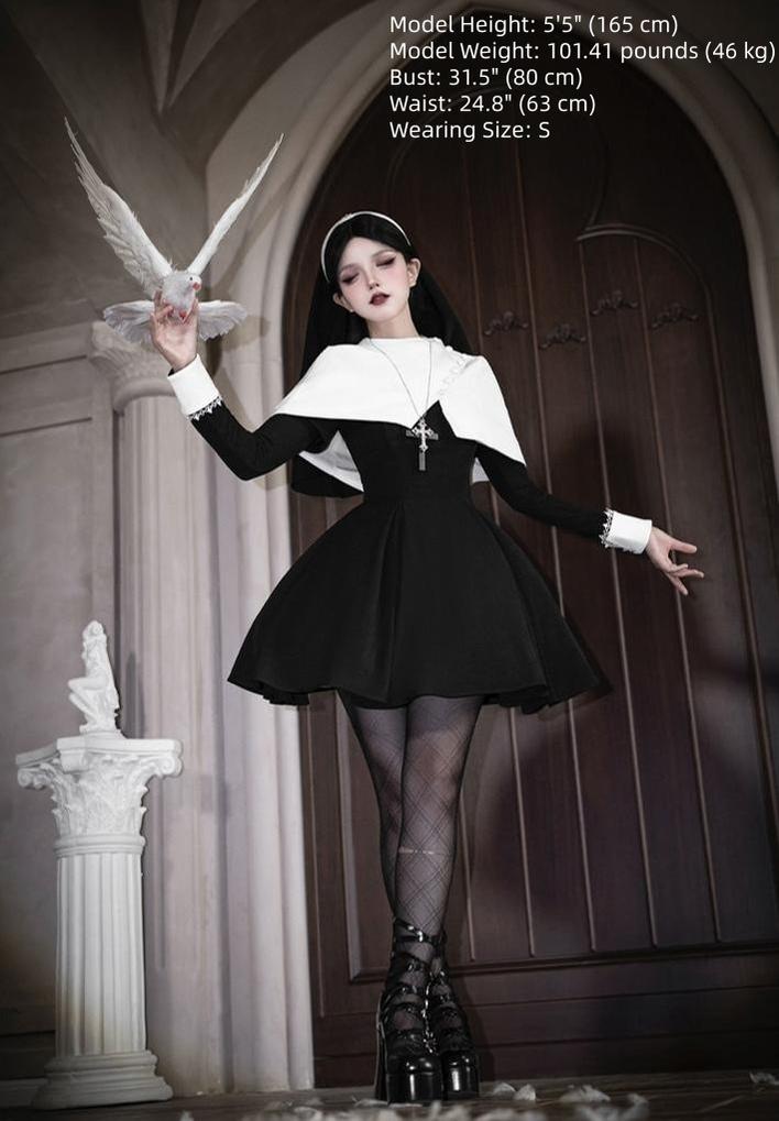 Nihil - Gothic Nun Lolita OP Dress, Irregular Hem Cape and Accessories - image 8