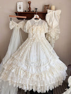 Ivory Floral Embroidered Lolita Gown with Lace Trim and Bow Train - Mademoiselle Pearl - image 7