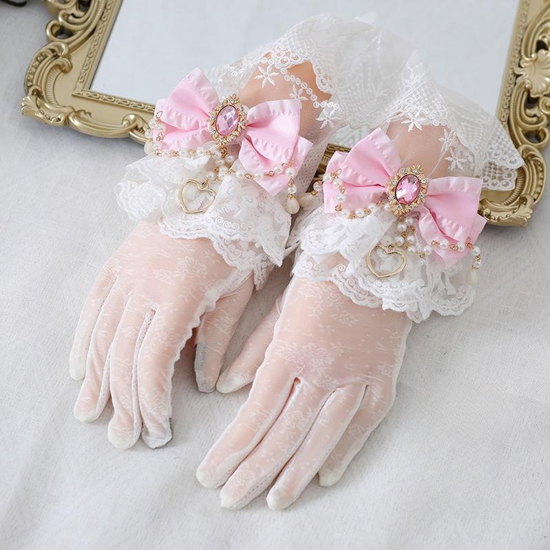 Vintage Lolita Lace Gloves with Bow and Bead Chain - image 10