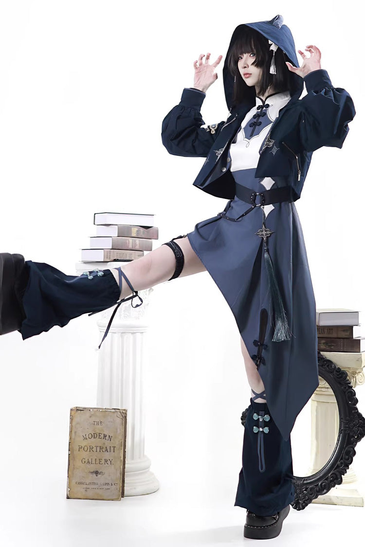 Indigo Shadow Journey - Stand Collar Long Sleeves Embroidered Hooded Asymmetric Punk Ouji Lolita Dress Four-Piece Set - image 2