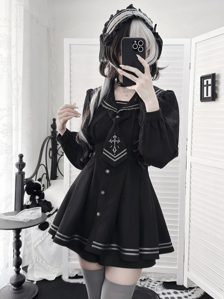Black Sailor-Collar Jirai Kei Dress, Shorts and Tie Set - image 2