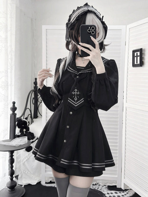 Black Sailor-Collar Jirai Kei Dress, Shorts and Tie Set - image 2