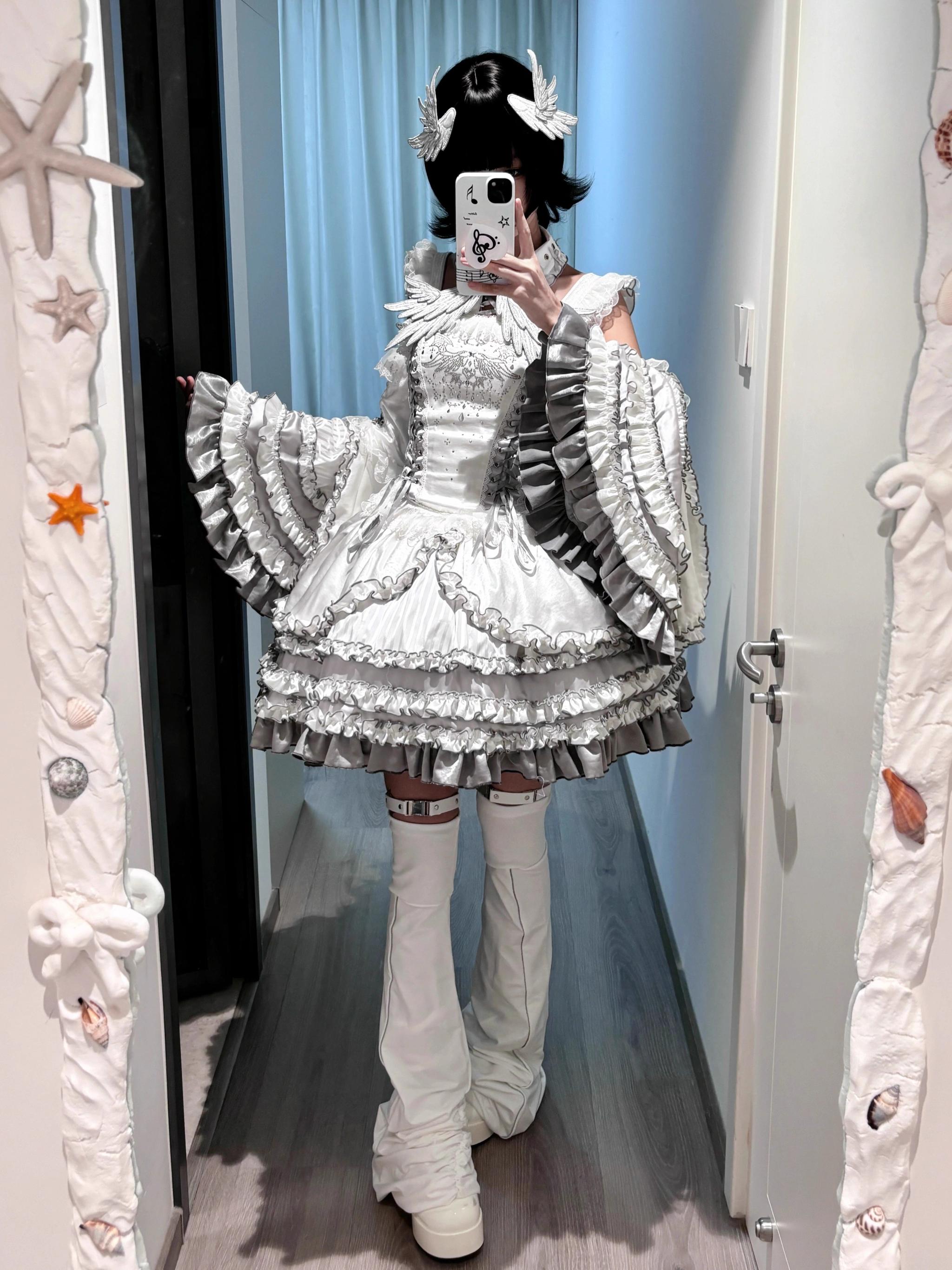 Metallic Angel - Silver-white Punk Lolita JSK, Wing and Rhinestone Details - image 8