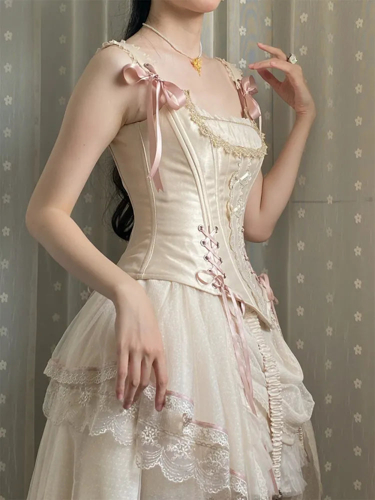 Champagne Lace-Up Corset Top and High-Low Lolita Skirt - image 14