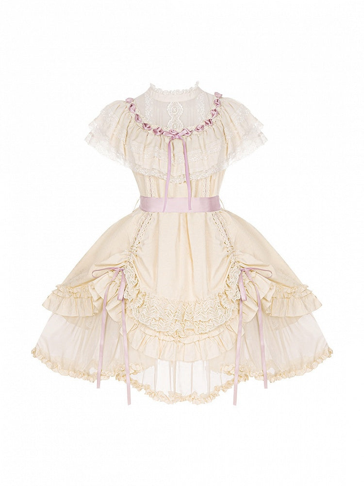 Beige Rosette Jacquard Lolita OP Dress with Layered Ruffles - image 1