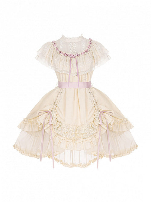 Beige Rosette Jacquard Lolita OP Dress with Layered Ruffles - image 1