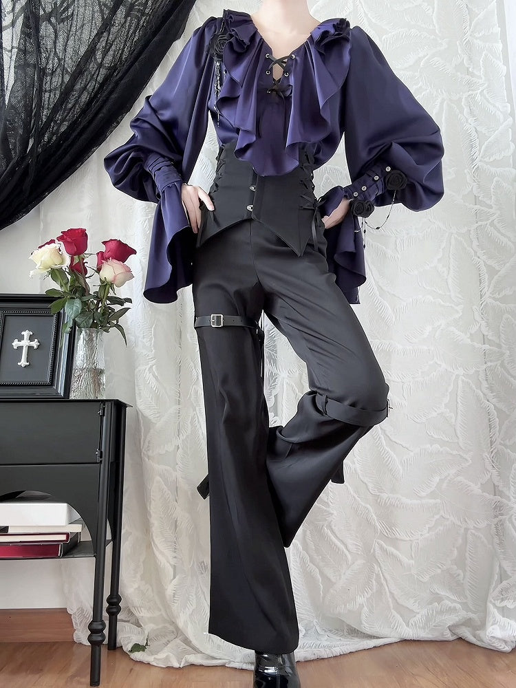 Lilac Lace-Up Ruffle Shirt with Black Flower Chains - Shi Zhi Mao - image 2