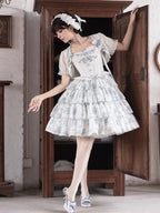 Blue and White Floral Print Lolita JSK with Bow Details - image 3