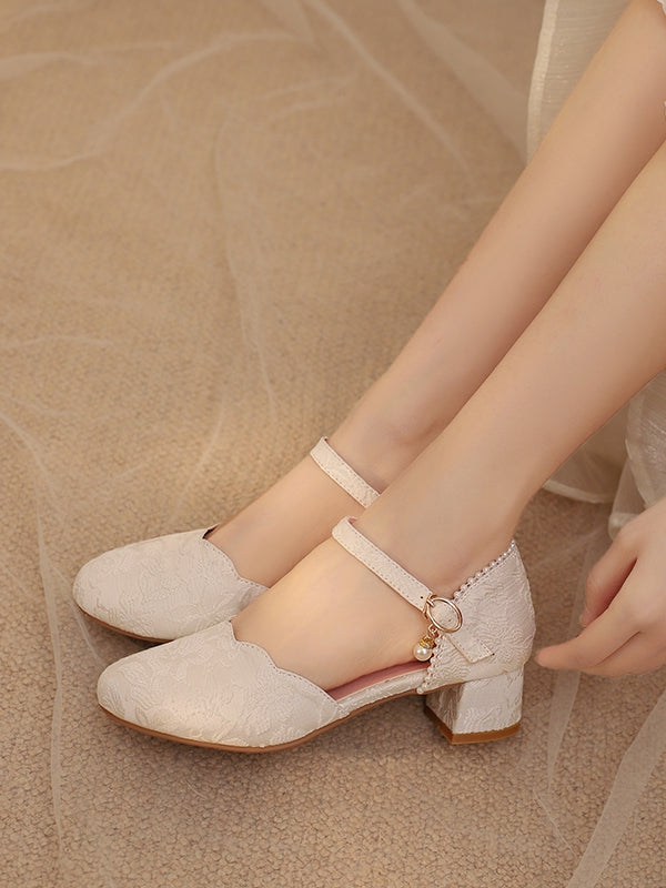 Qi Lolita Scalloped Satin Heel Sandals with Pearl Beads - image 2