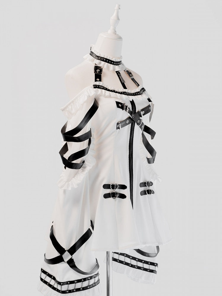 White Halter Flare Long-Sleeve Dress with Leather Straps and Shorts Set - image 5