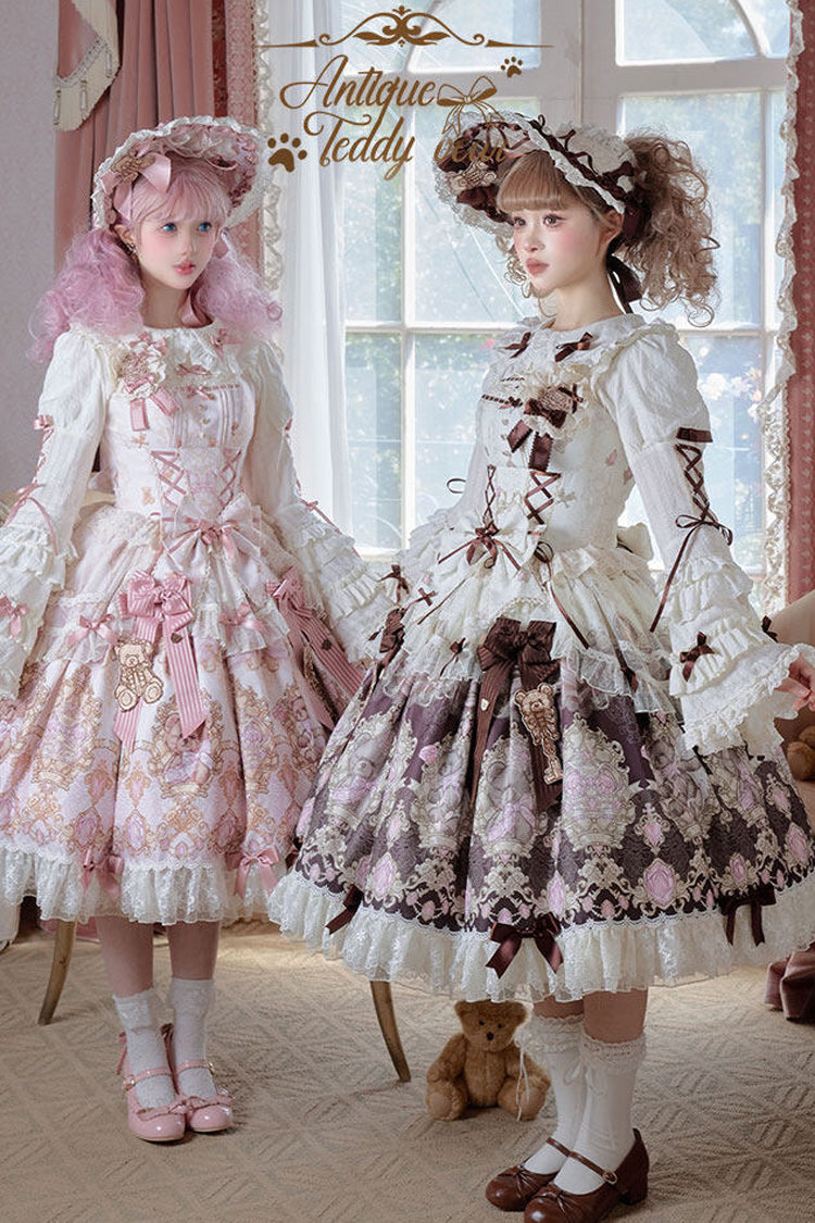 Antique Teddy Bear - Sleeveless Printed Bow Lace Sweet Elegant Lolita JSK Dress - image 5