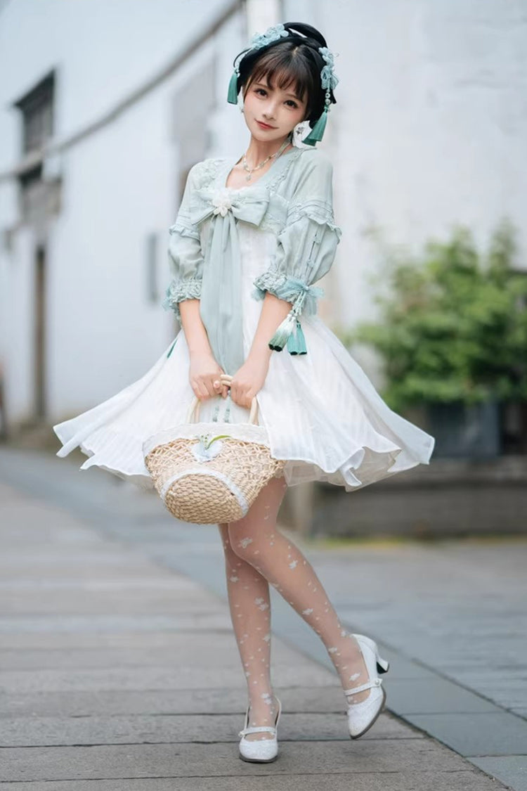 Half Sleeves Ruffled Bow Sweet Lolita Hanfu Dress - image 8