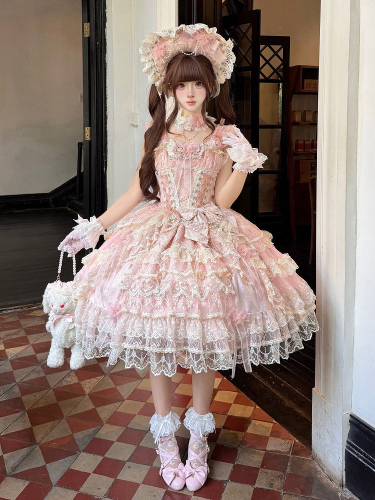 Pink Layered High-Low Lolita JSK Dress with Floral Bow Accents - image 5