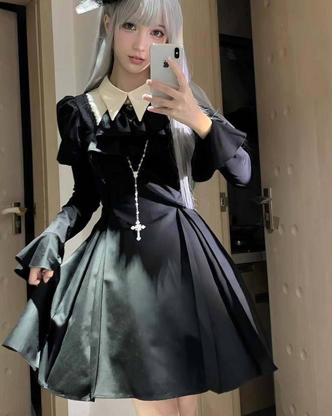 Gothic Lolita OP Dress Nun Style Fishbone Skirt - image 6