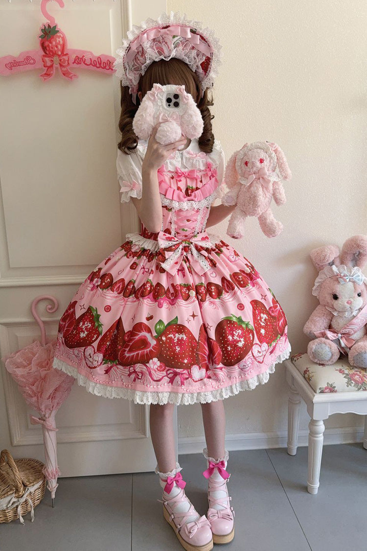 Sweet Berry Tale Strawberry Print Ruffle Bowknot Lace Sweet Lolita JSK Dress - image 12