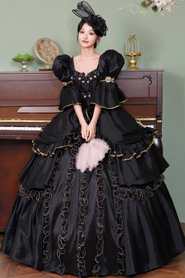 Black Gothic Victorian Lolita OP Dress with Trumpet Sleeves - image 2