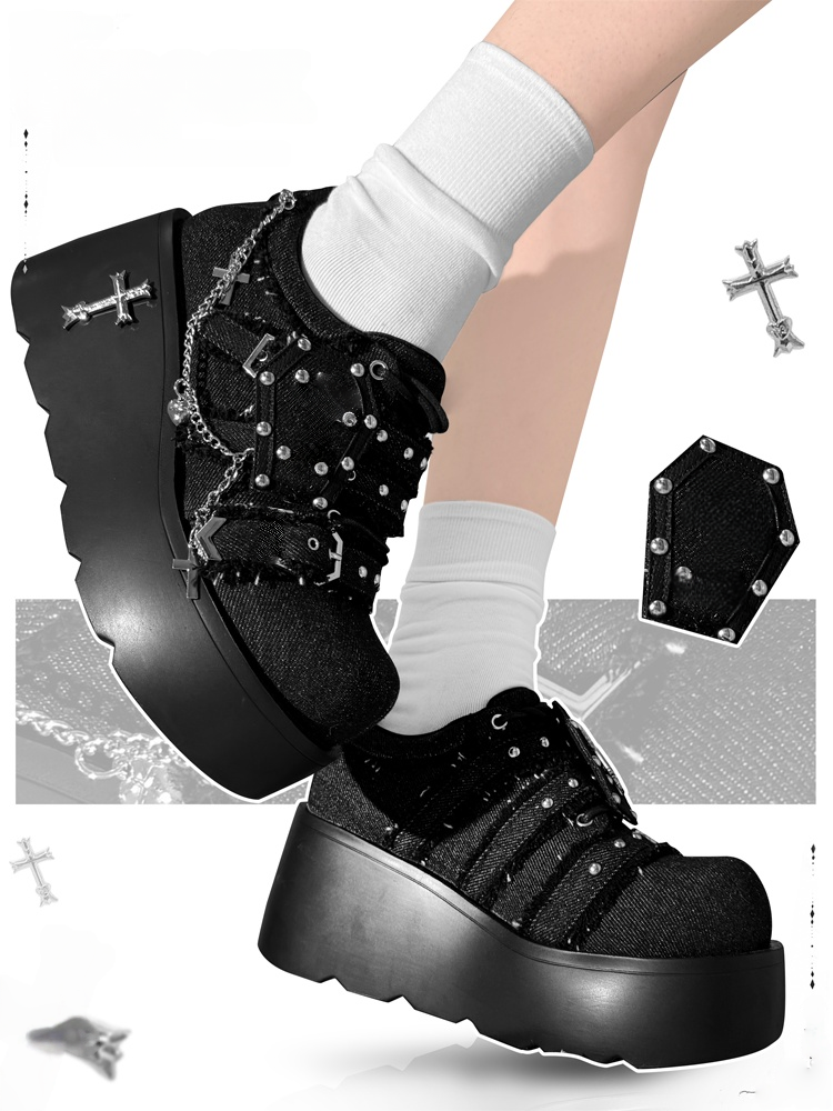 Dark Night Corridor - Punk Lolita Denim Low Platform Shoes - image 10