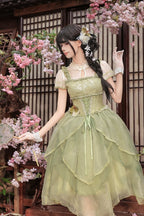 Green Orchid Chinoiserie Lolita OP Dress and Flower Hairclips Set - image 8