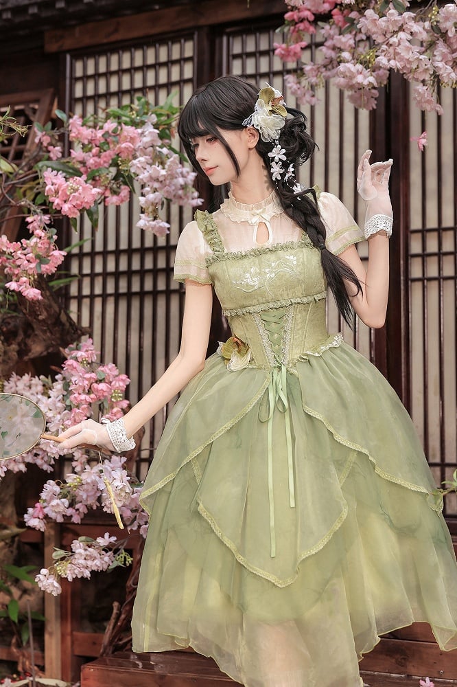 Green Orchid Chinoiserie Lolita OP Dress and Flower Hairclips Set - image 8