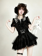 Midnight Lace-Shoulder Ruffle Blouse with Cutout Accents - AMAHAKAWA - image 1