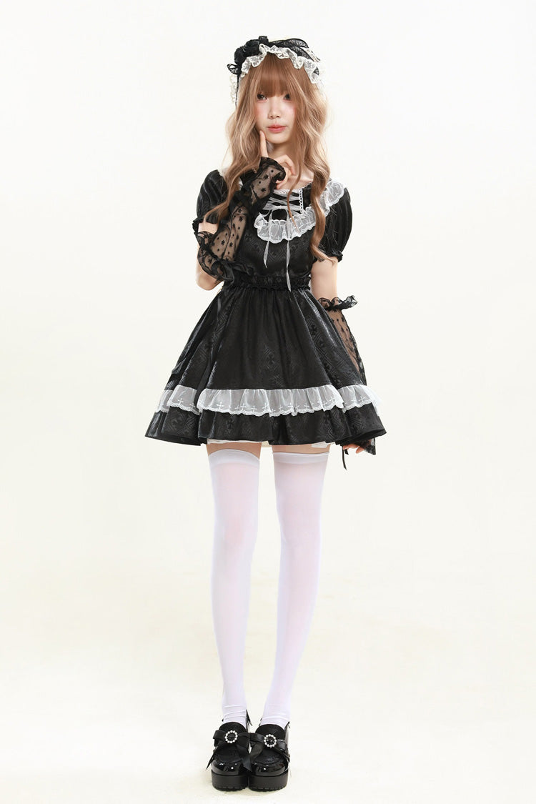 Night Alley Angel - Lapel Collar Short Sleeves Jacquard Ruffled Lace Gothic Lolita Dress - image 9