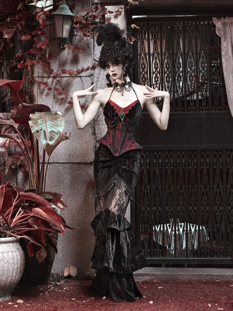 Goth Spiderweb Lace Wine Red Vampire Boned Corset - image 5