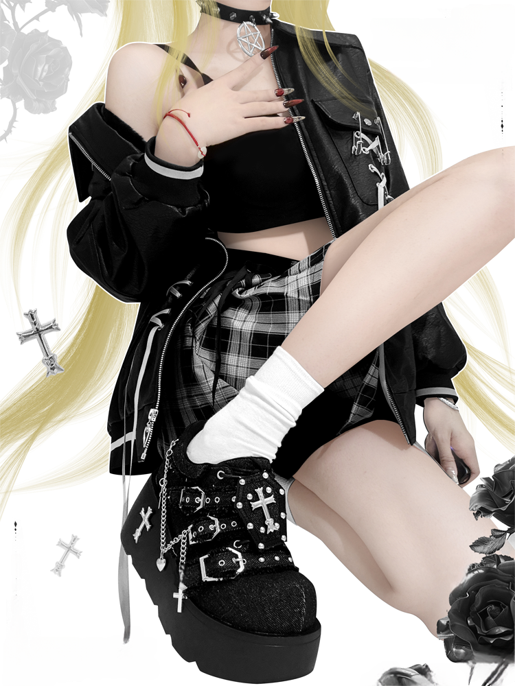 Dark Night Corridor - Punk Lolita Denim Low Platform Shoes - image 11