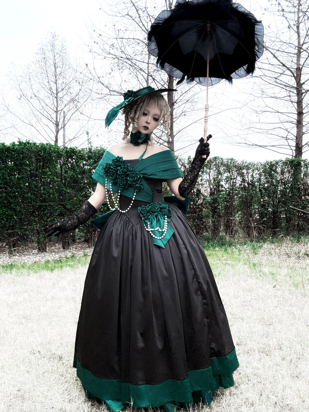 Rose 3D Floral Pearl Gothic Lolita Ball Gown OP Dress - image 8