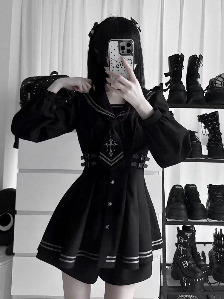 Black Sailor-Collar Jirai Kei Dress, Shorts and Tie Set - image 11