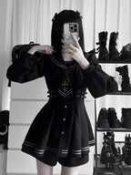Black Sailor-Collar Jirai Kei Dress, Shorts and Tie Set - image 11