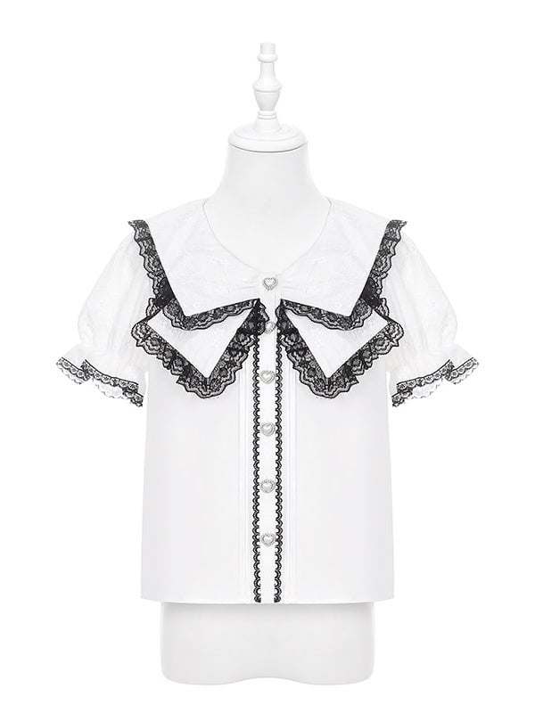 Black and White Jirai Kei Sailor Collar Blouse with Lace Detail - image 3
