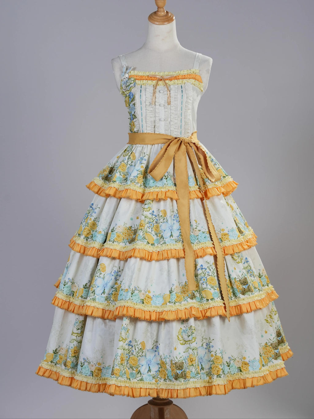 Flower Rabbit Bear - Country Lolita Tiered Skirt Dress, Floral & Bear Print and Accessories - image 1