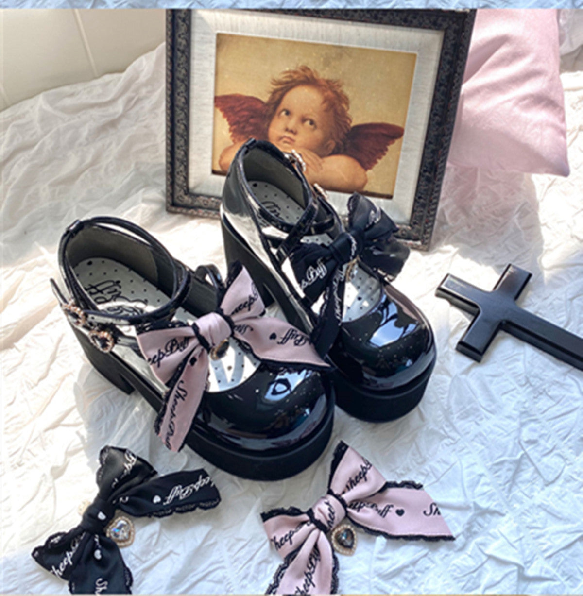 Black Pink Japanese Lolita Thick Heel Shoes - image 14