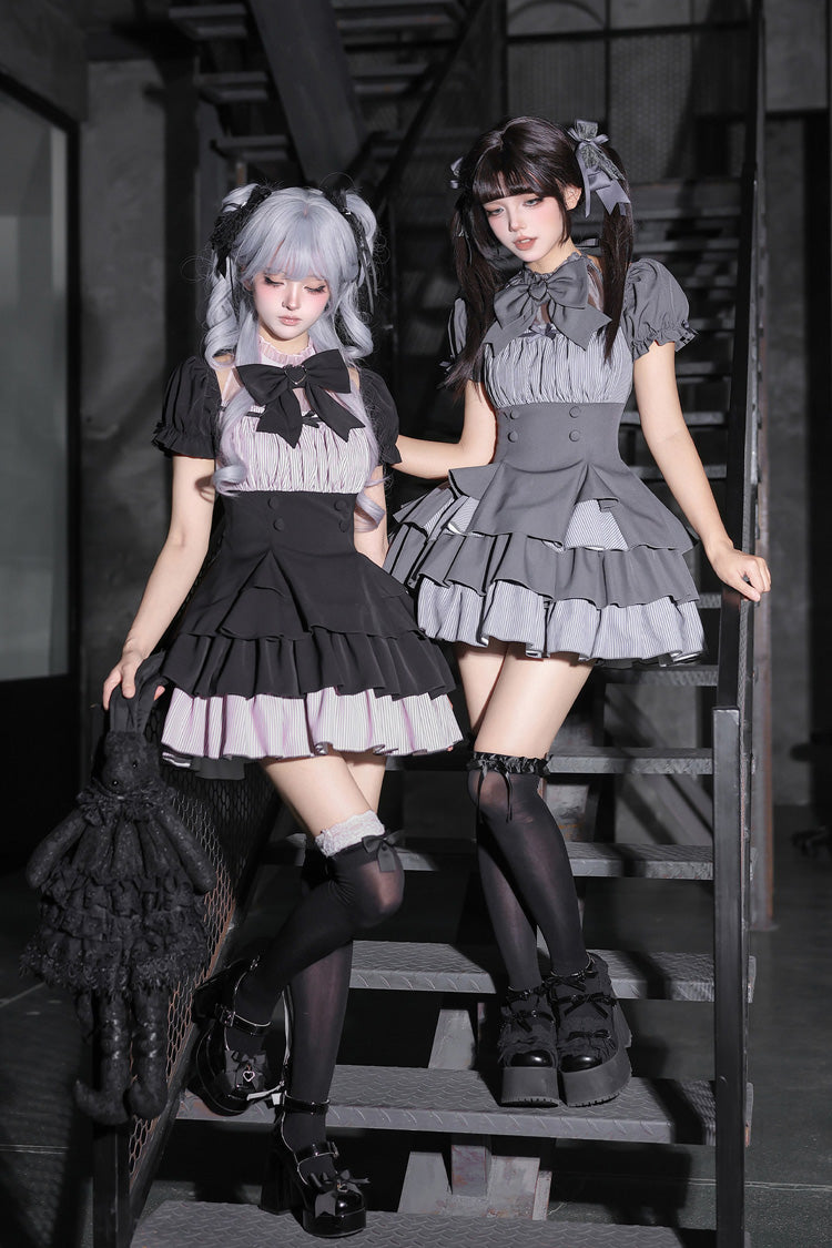 Square Collar Off Shoulder Short Sleeves Triple-Layered Bow Vintage Cool Lolita Dress - image 8