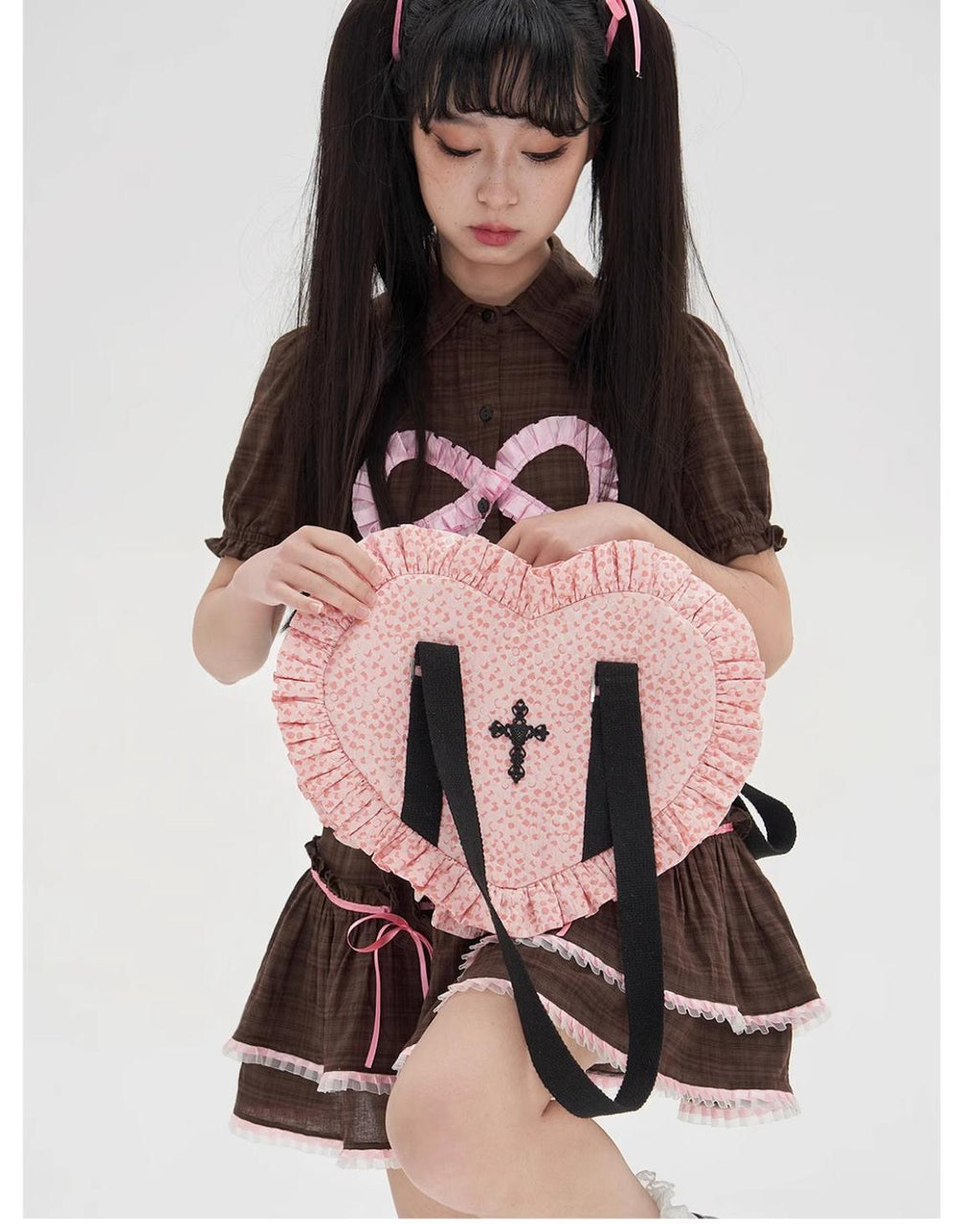 Vintage Lolita Heart Shaped Plaid Dot Print JK Uniform Bag - image 8