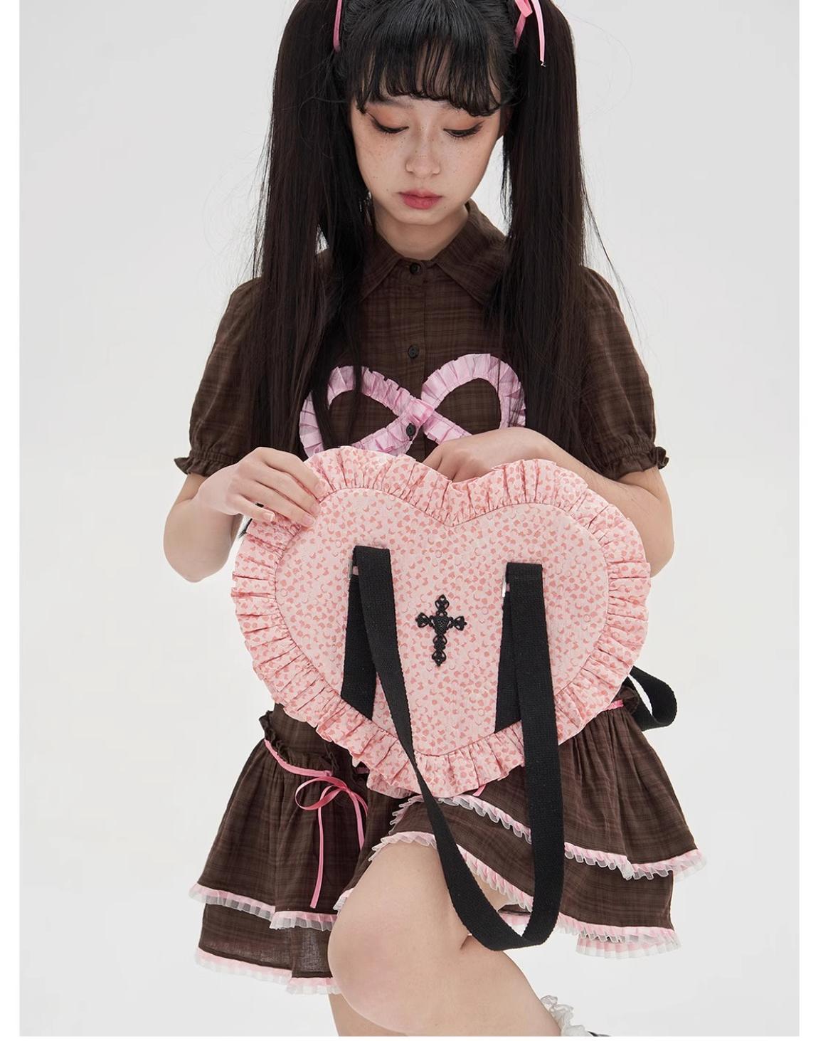 Vintage Lolita Heart Shaped Plaid Dot Print JK Uniform Bag - image 8