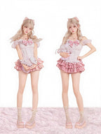 Dark Pink Plaid Tiered Skirt with Shorts - serendipity - image 4