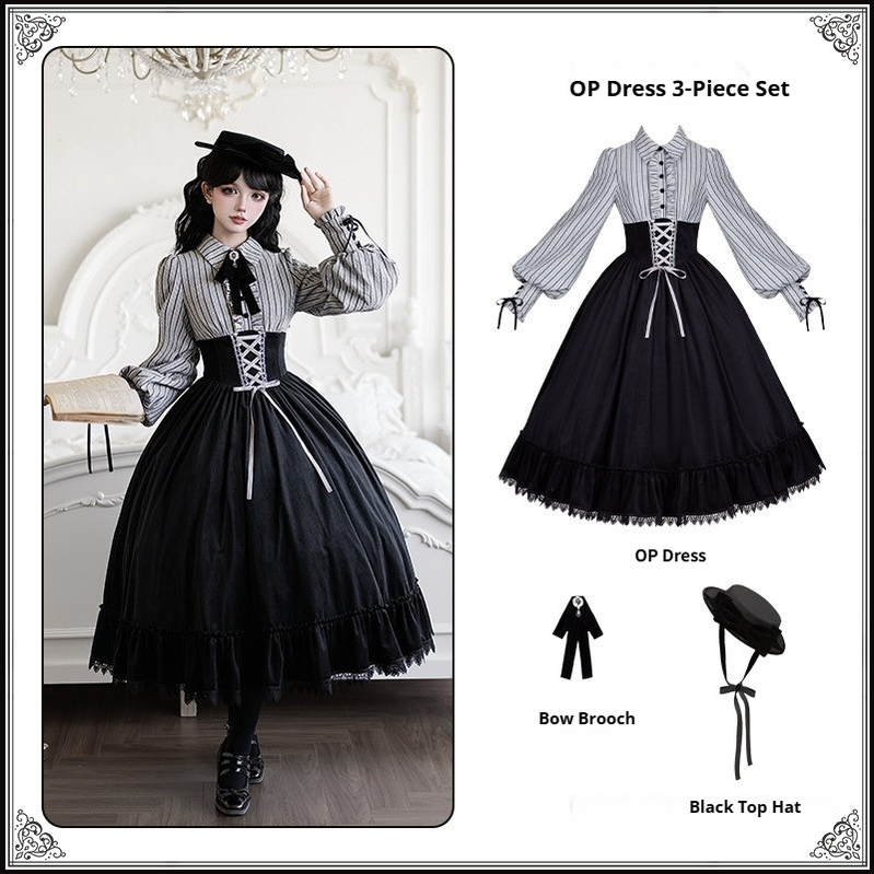 Dusk Moment - Classic Lolita Striped OP & Mermaid Dress Set, Fishbone Waist - image 23