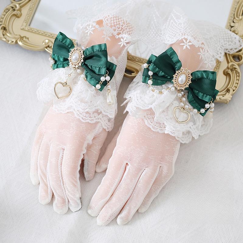 Vintage Lolita Lace Gloves with Bow and Bead Chain - image 7