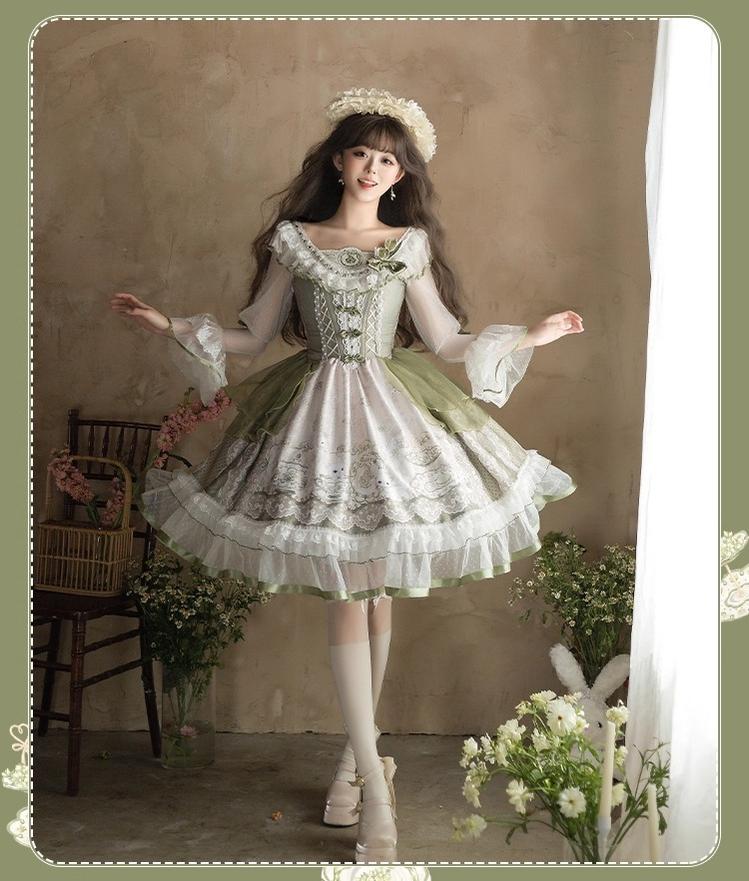 Teacup Bunny - Classic Lolita OP Dress, Fresh Green Floral Print and Accessories - image 10