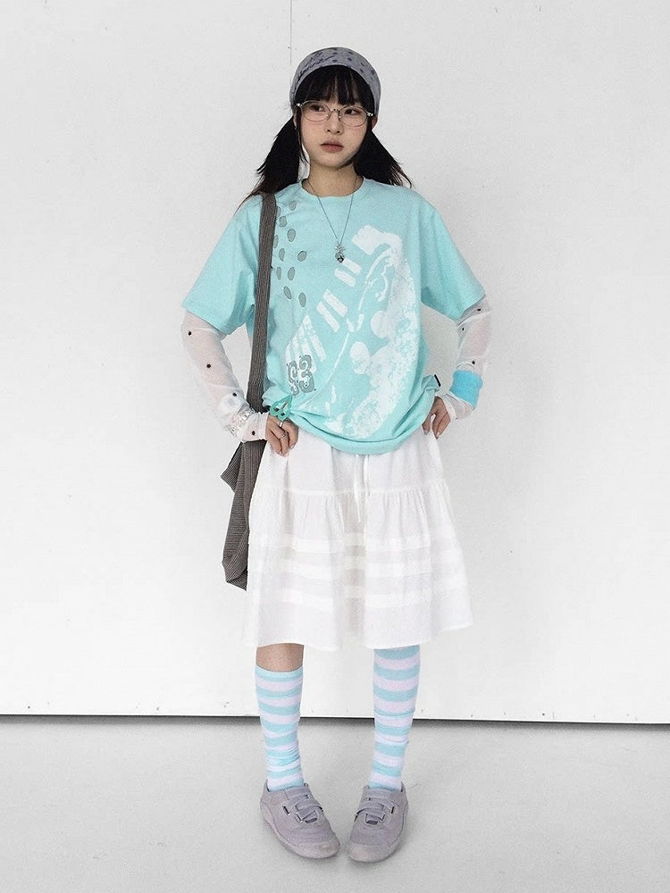 Mint Green Crew Neck Tee with Distressed Print - innomoood - image 5