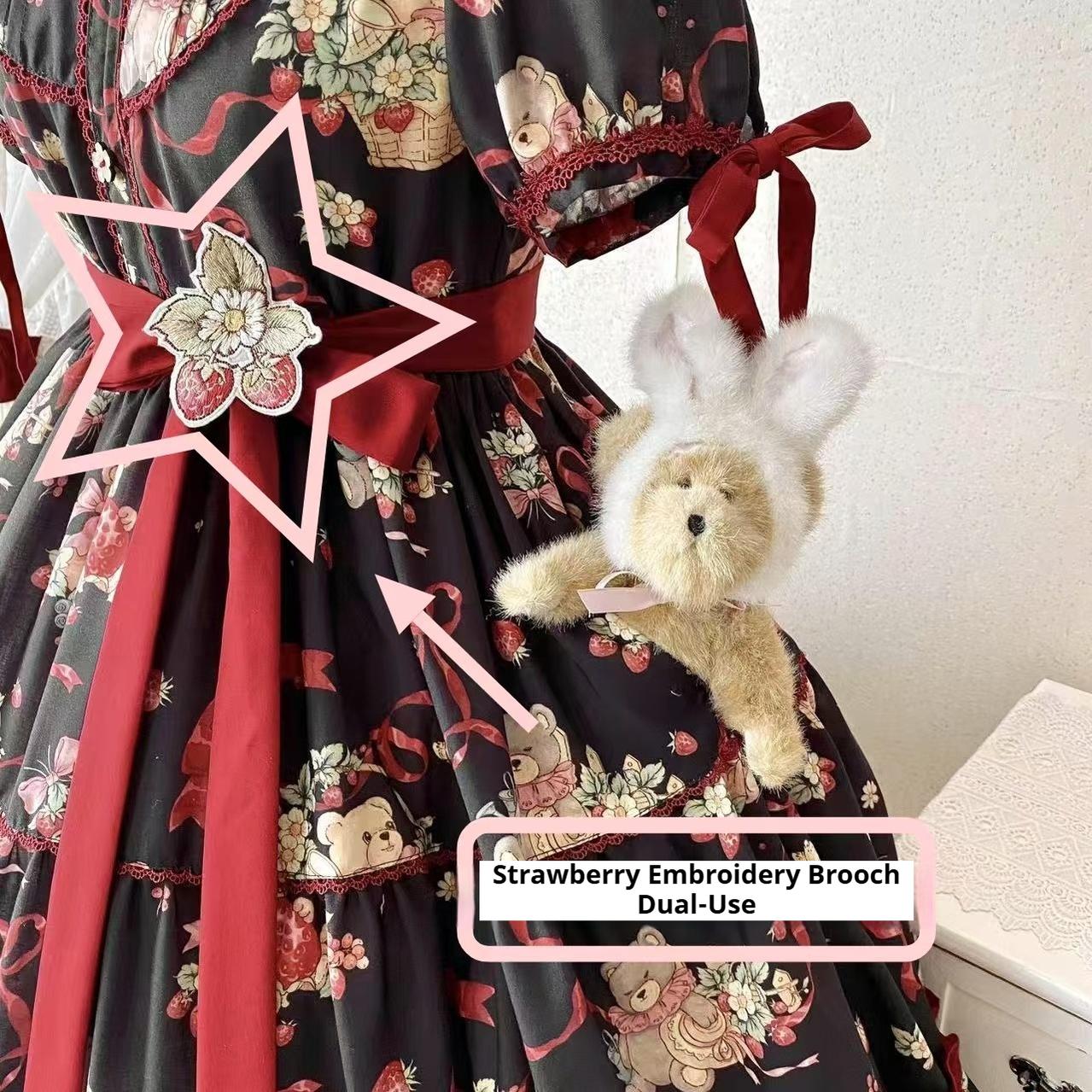 The Bear's Strawberry Field - Daily Lolita OP Dress With Petal Collar & Bear Strawberry Print and Accessories - image 21