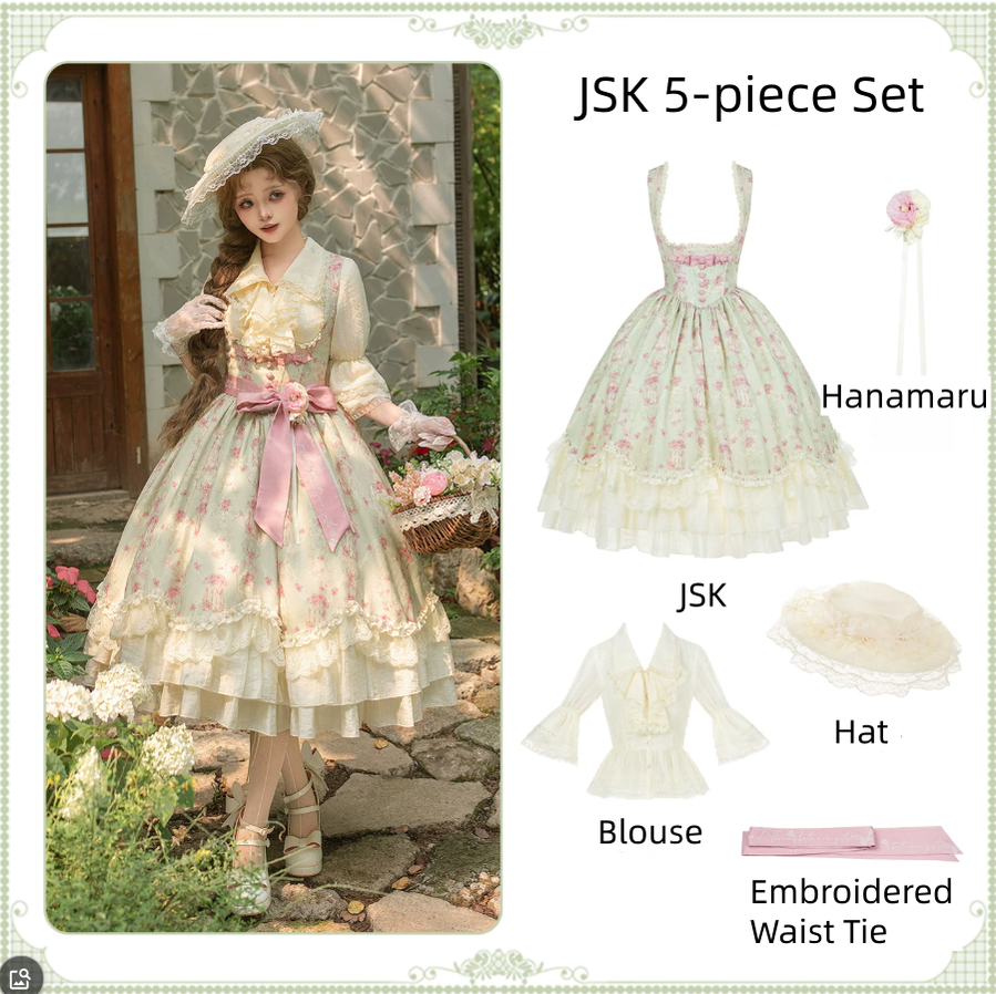 Wind Swept Roses - Classic Lolita Rose Printed Dress Set, Petal Hem - image 23