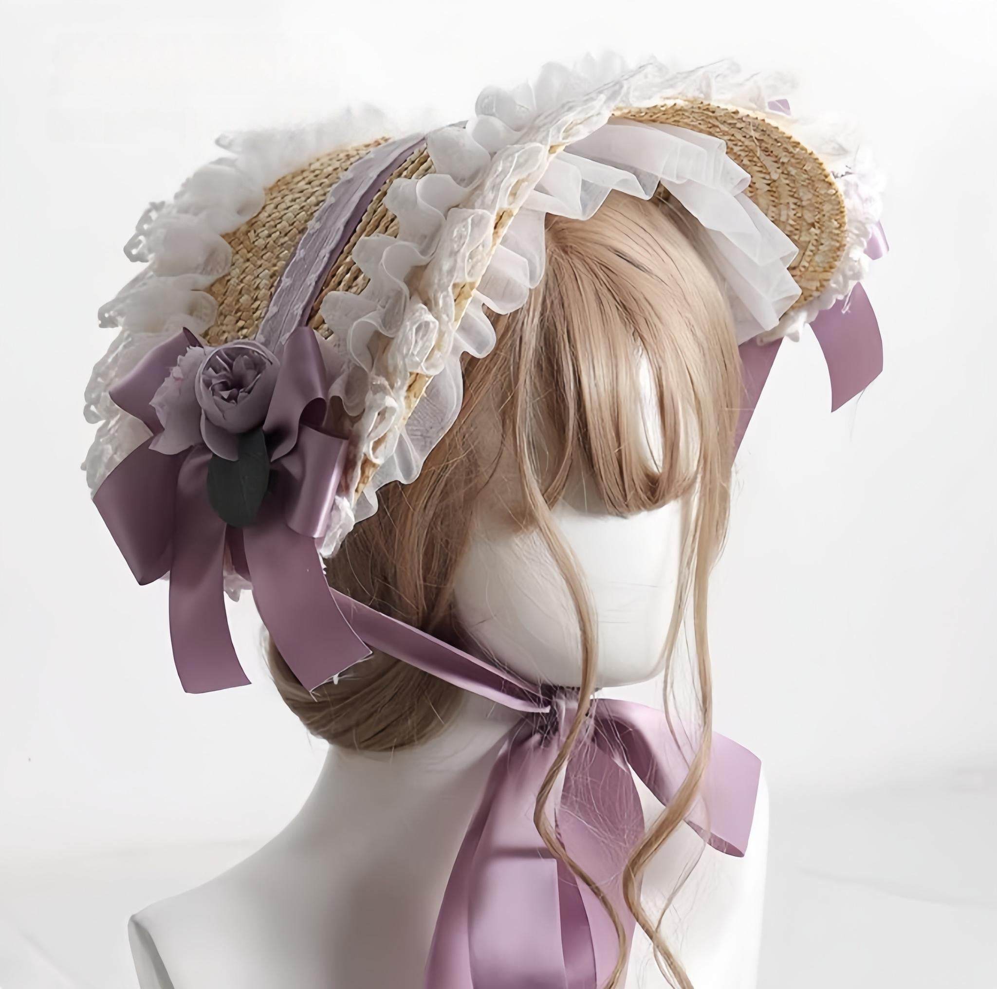 Country Straw BNT Lolita Headpiece with Ruffled Lace - image 6