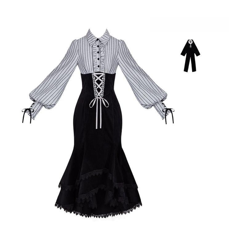 Dusk Moment - Classic Lolita Striped OP & Mermaid Dress Set, Fishbone Waist - image 27