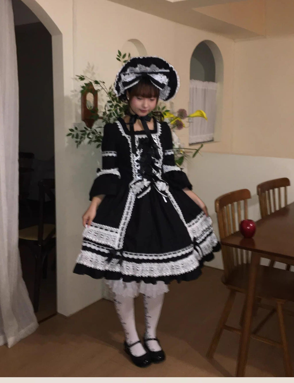 First Otome Black Old School Lolita OP Dress, Lace Details - image 14